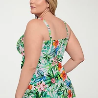 Liz Claiborne Womens Comfort Straps Lined Shirred Tropical Floral Plus Tankini Swimsuit Top