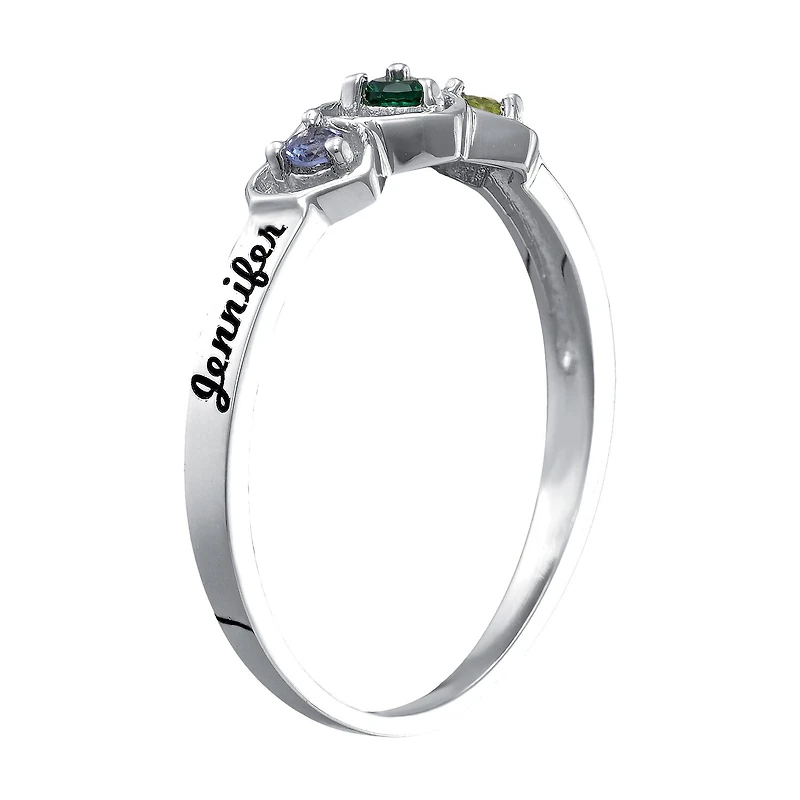 Personalized Womens Genuine Sterling Silver Heart 3-Stone Cocktail Ring