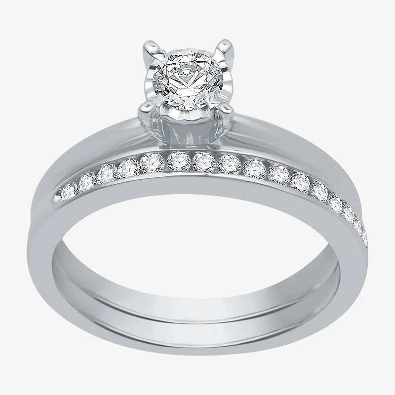 Women's 1/2 CT.T.W. Natural Diamond Round Solitaire Ring and Channel Band Bridal Set 10K Gold