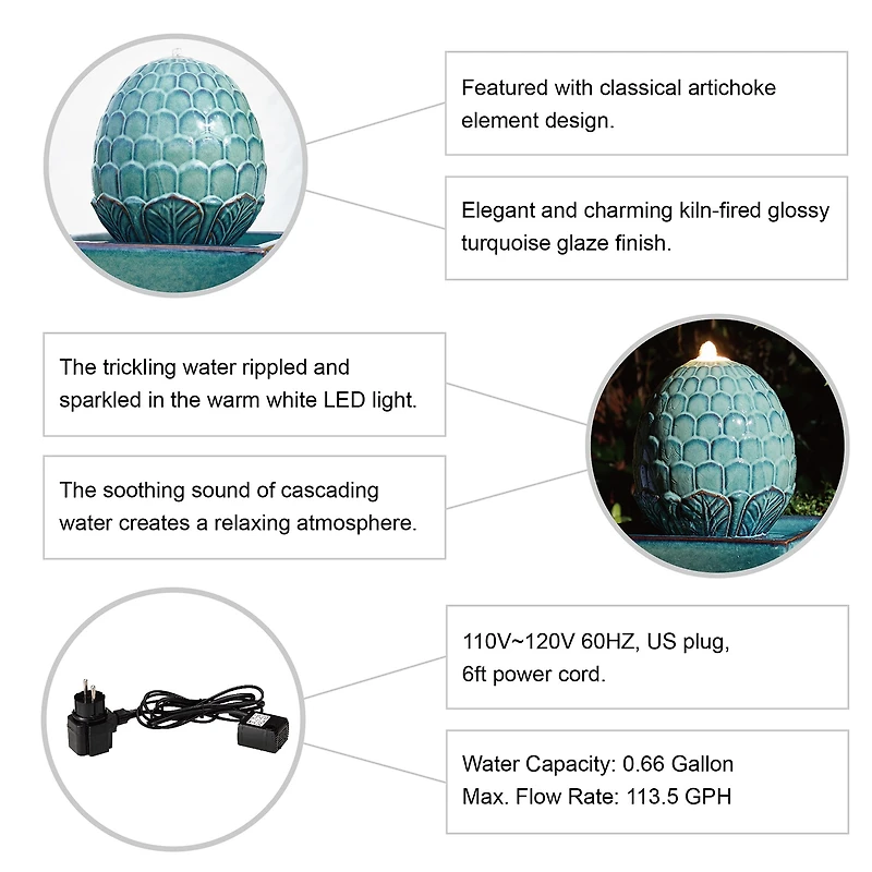 Glitzhome 35.75" Turquoise Ceramic Outdoor Fountains