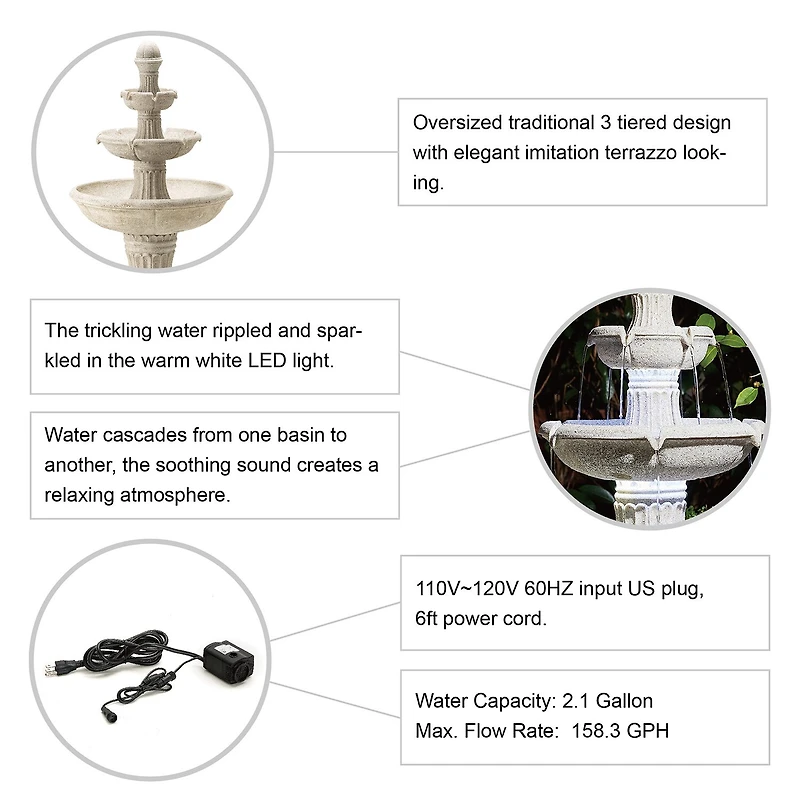 Glitzhome 45.25'H Terrazzo Resin 3-Tier Outdoor fountain