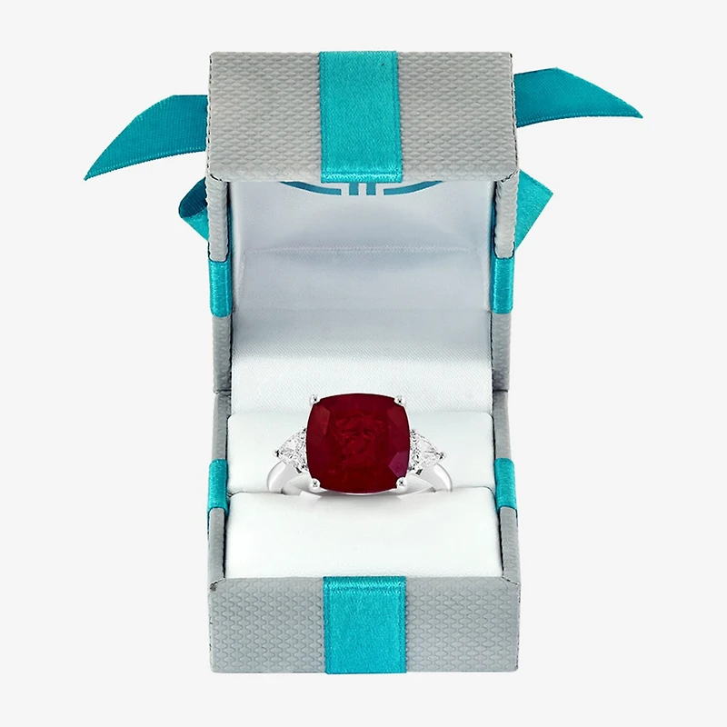 Effy Final Call  Womens Lab Created Red Ruby and 1/5 CT.T.W Lab Grown Diamond 14K White Gold Cushion Cocktail Ring