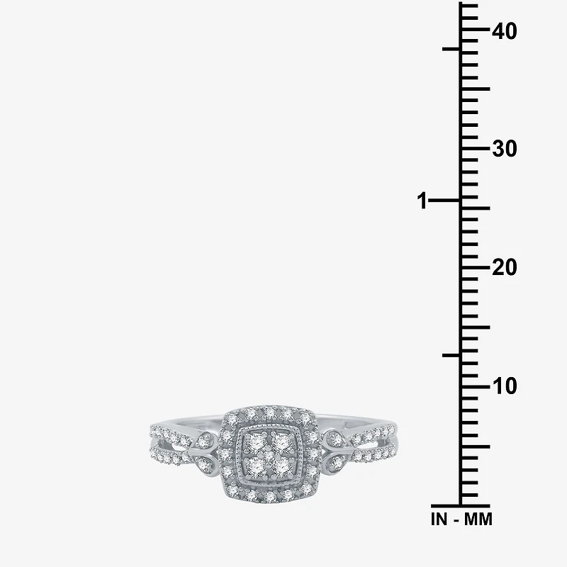 Womens 1/4 CT. T.W. Natural White Diamond Sterling Silver Cushion Side Stone Halo Promise Ring