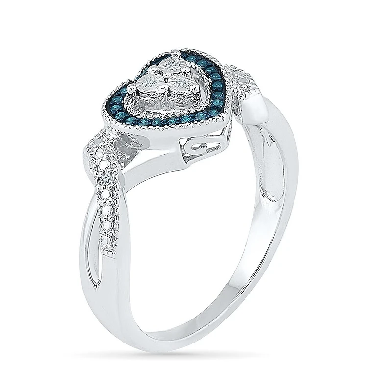 Womens 1/10 CT. T.W. Natural Blue Diamond Sterling Silver Heart Halo Cocktail Ring