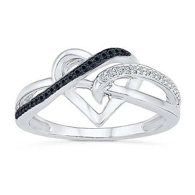 Womens 1/8 CT.T.W. Natural White and Color Enhanced Black Diamond Sterling SIlver Cocktail Ring