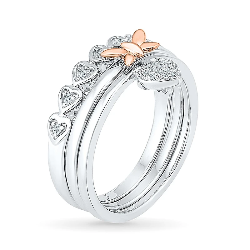 Womens 1/10 CT. T.W. Natural White Diamond 10K Gold Over Silver Butterfly Heart Ring Set