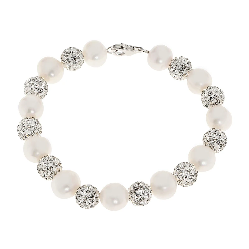 Womens White Cultured Freshwater Pearl Sterling Silver Beaded Bracelet