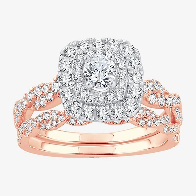 Signature By Modern Bride 1 CT.T.W. Natural Diamond Cushion Shape Side Stone Halo Bridal Set 10K or 14K Gold