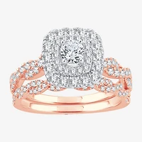 Signature By Modern Bride 1 CT.T.W. Natural Diamond Cushion Shape Side Stone Halo Bridal Set 10K or 14K Gold