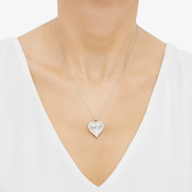 Womens White Mother Of Pearl Sterling Silver Heart 18 Inch Pendant Necklace