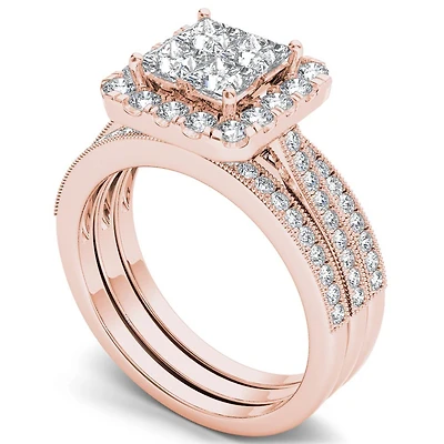 Womens 1 1/2 CT. T.W. Natural White Diamond 14K Gold Halo Bridal Set