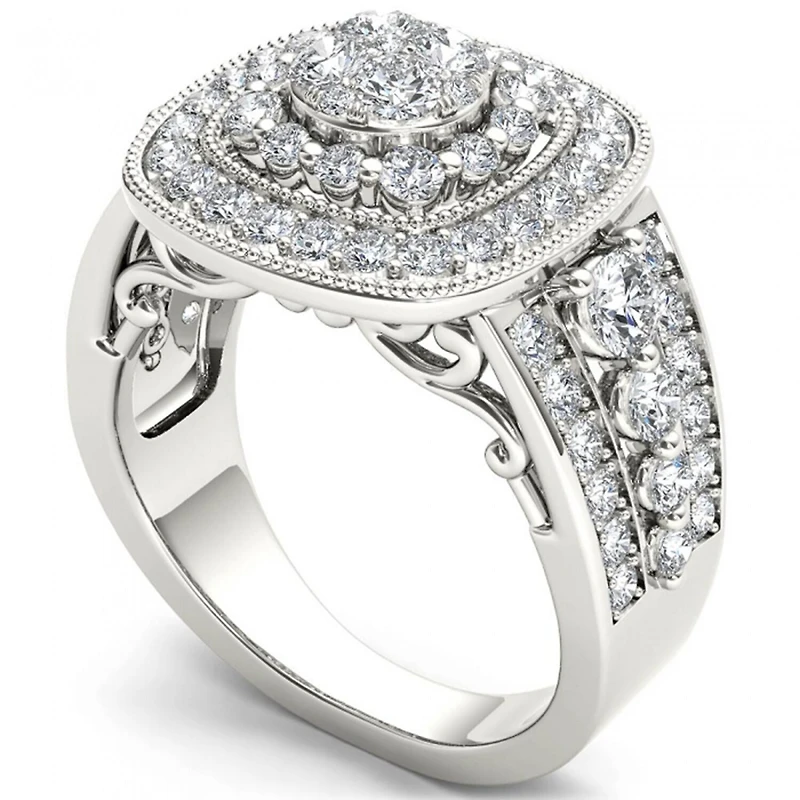 Womens 1 1/ CT. T.W. Natural White Diamond 14K Gold Cushion Side Stone Halo Engagement Ring
