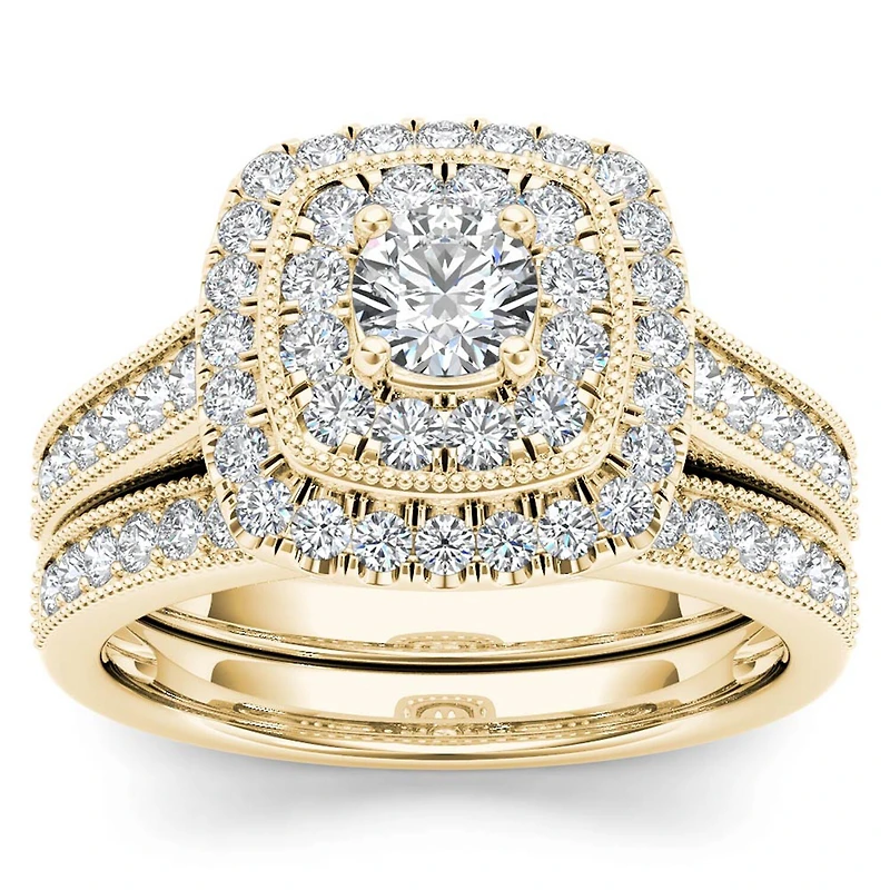 Womens 3/4 CT. T.W. Natural White Diamond 14K Gold Cushion Side Stone Halo Bridal Set