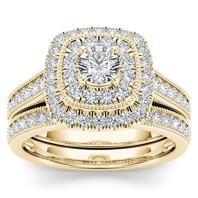 Womens 3/4 CT. T.W. Natural White Diamond 14K Gold Cushion Side Stone Halo Bridal Set
