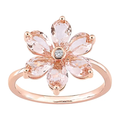 Womens Diamond Accent Genuine Pink Morganite 10K Gold Flower Cocktail Ring