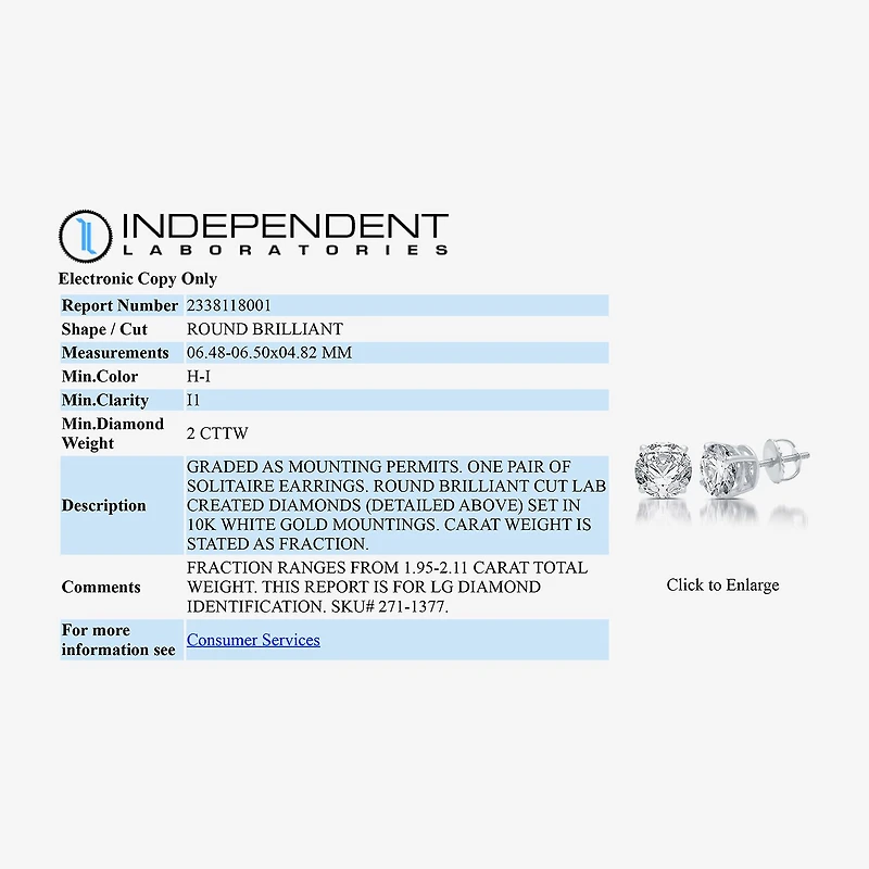 Ever Star (G / SI1-SI2) 2 CT. T.W. Lab-Grown Diamond 10K or 14K Gold Round Stud Earrings