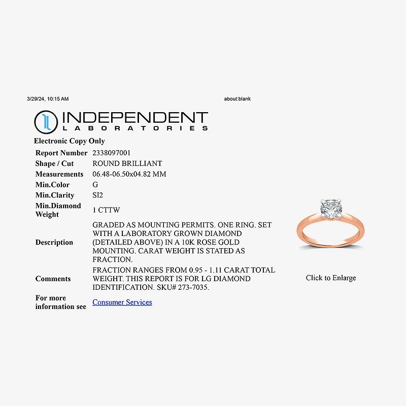 1 CT. Lab-Grown (G / SI2) Diamond Round Solitaire Engagement Ring 10K Gold