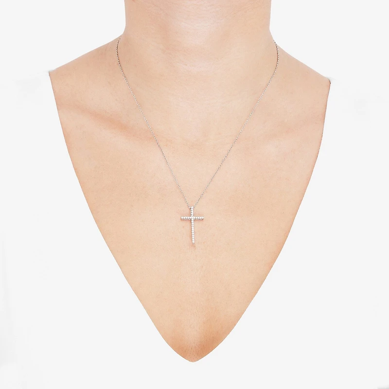 Cross Womens 1/4 CT. T.W. Natural White Diamond Sterling Silver Cross 18 Inch Pendant Necklace