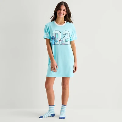 Disney Mjc With Sock Womens Short Sleeve Round Neck Lilo & Stitch Nightgown
