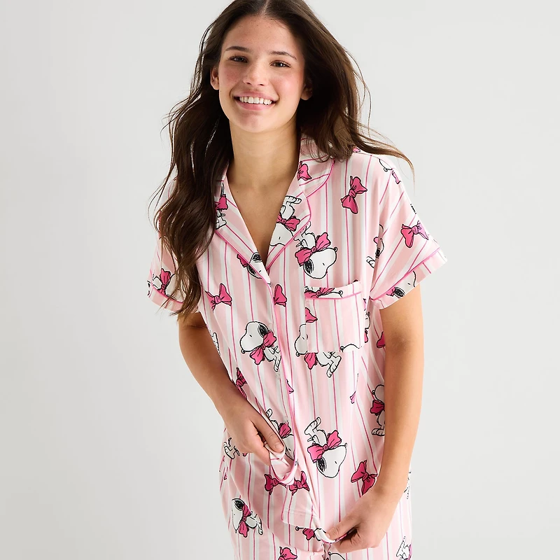 Disney Mjc Womens Peanuts Snoopy Short Sleeve 2-pc. Pajama Set