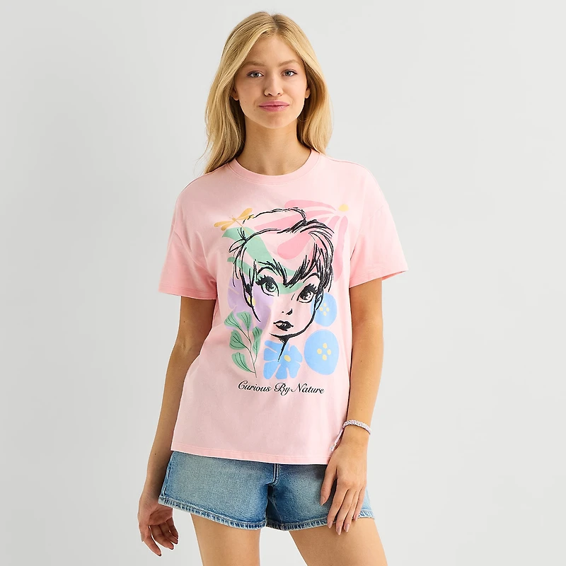 Womens Juniors Crew Neck Short Sleeve Loose Fit Tinker Bell Graphic T-Shirt