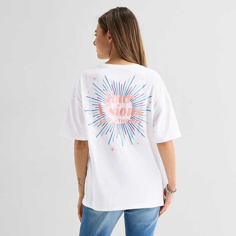 Positive Tee Womens Juniors Crew Neck Short Sleeve Oversized Graphic T-Shirt