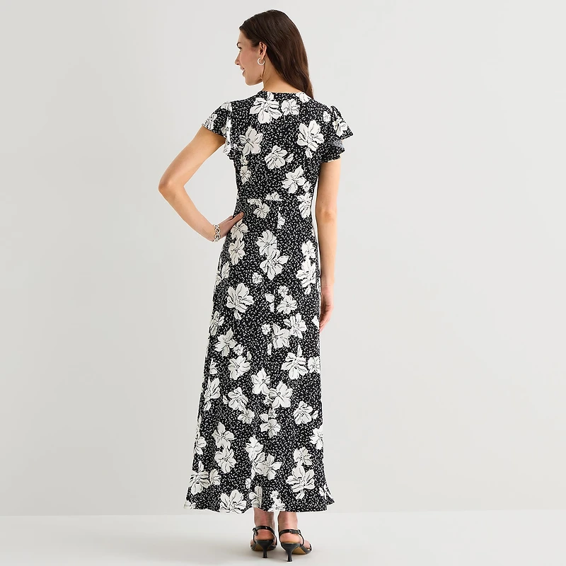 MSK Womens V Neck Short Sleeve Flutter Maxi Dress