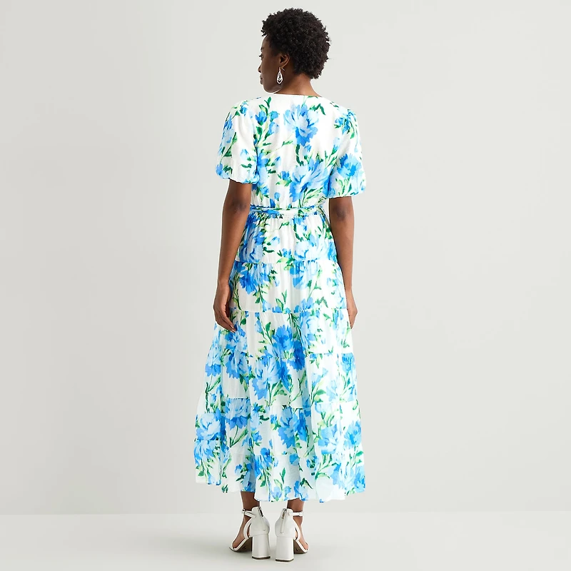 MSK Womens V Neck Short Sleeve Puffed Maxi Dress