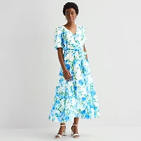 MSK Womens V Neck Short Sleeve Puffed Maxi Dress