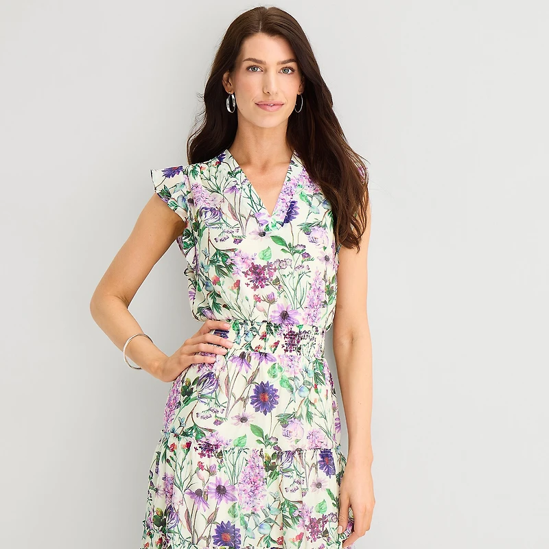 MSK Womens V Neck Sleeveless Flutter Maxi Dress