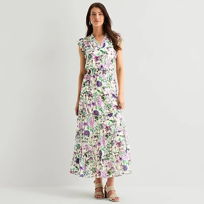 MSK Womens V Neck Sleeveless Flutter Maxi Dress