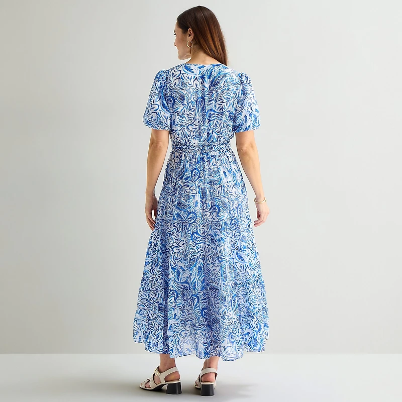 MSK Womens V Neck Short Sleeve Puffed Maxi Dress