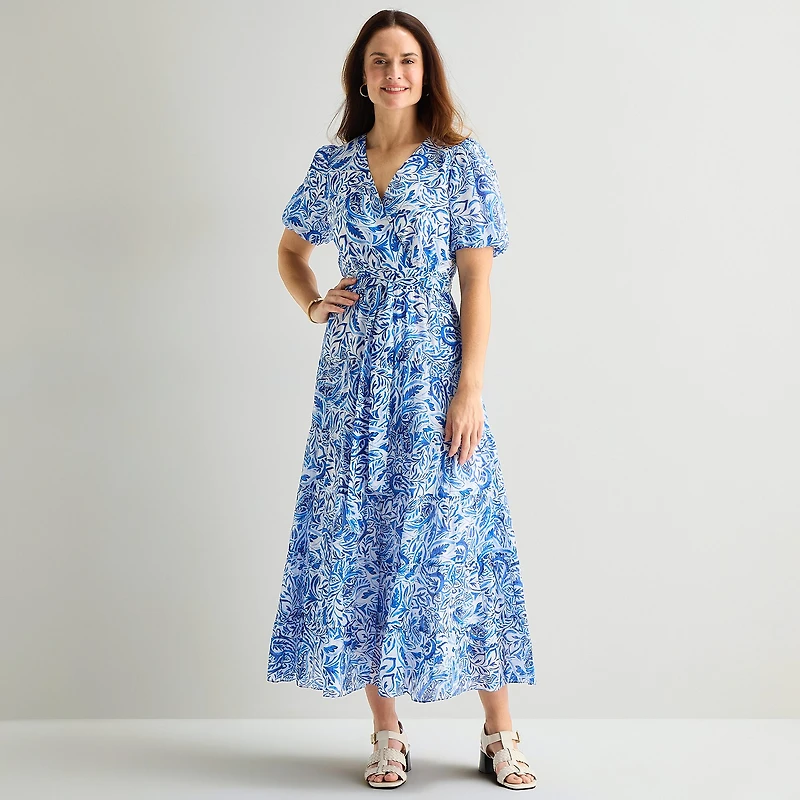 MSK Womens V Neck Short Sleeve Puffed Maxi Dress