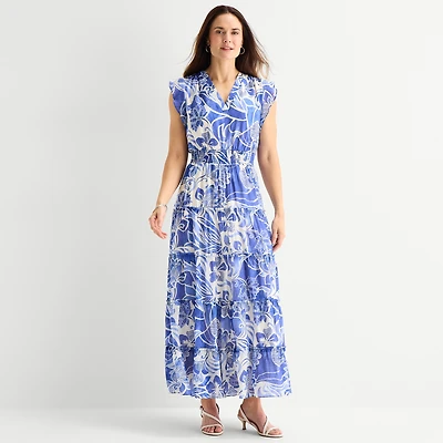MSK Womens V Neck Sleeveless Flutter Maxi Dress
