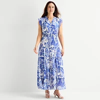 MSK Womens V Neck Sleeveless Flutter Maxi Dress