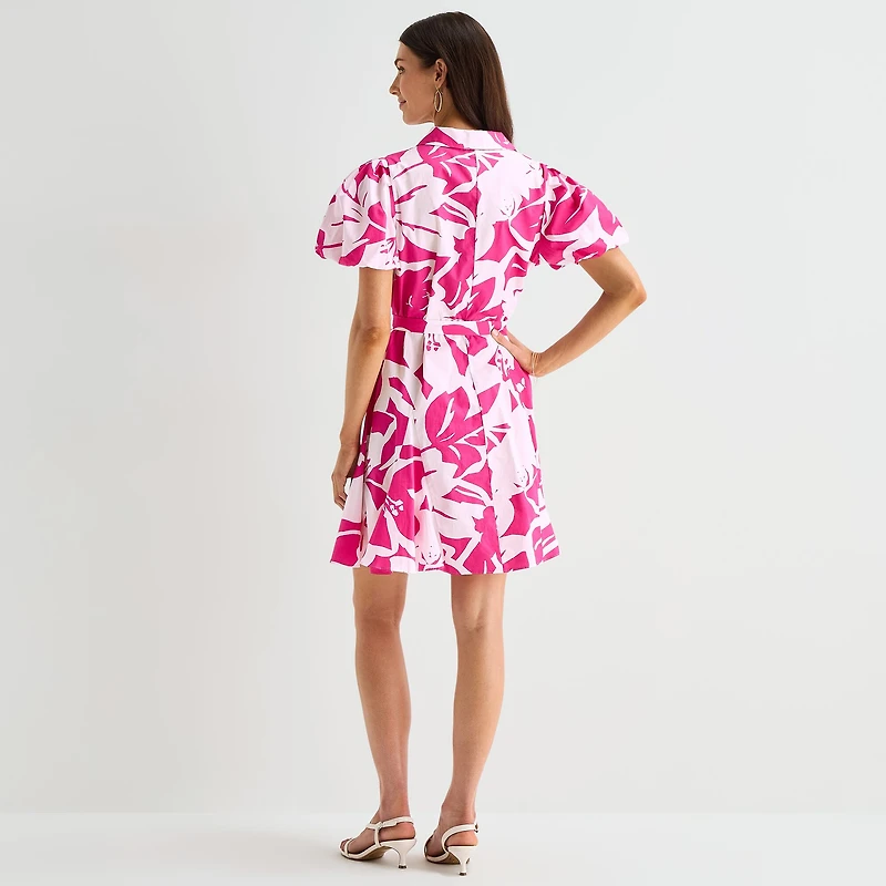 MSK Womens Short Sleeve Puffed Floral Fit + Flare Dress