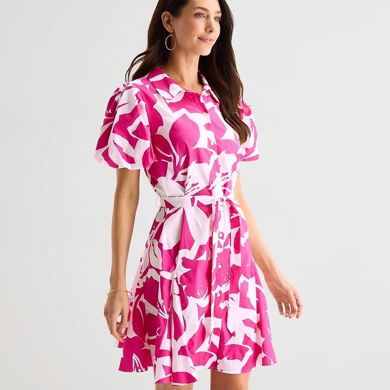 MSK Womens Short Sleeve Puffed Floral Fit + Flare Dress