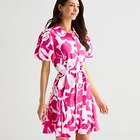 MSK Womens Short Sleeve Puffed Floral Fit + Flare Dress