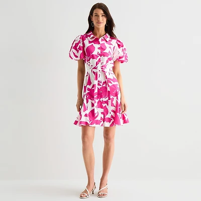 MSK Womens Short Sleeve Puffed Floral Fit + Flare Dress