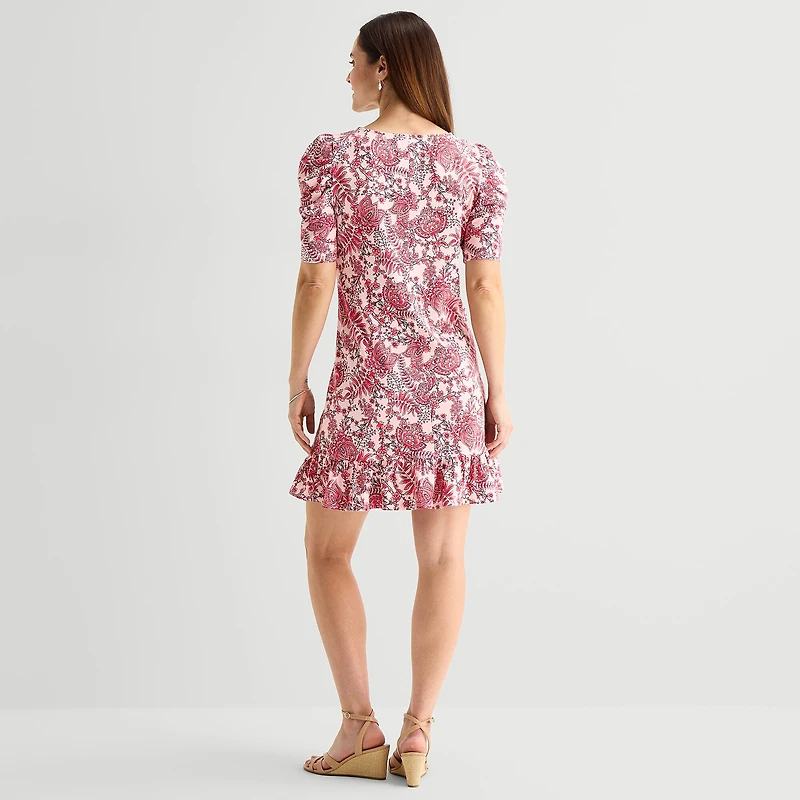 MSK Womens Round Neck Short Sleeve Puffed Paisley Fit + Flare Dress