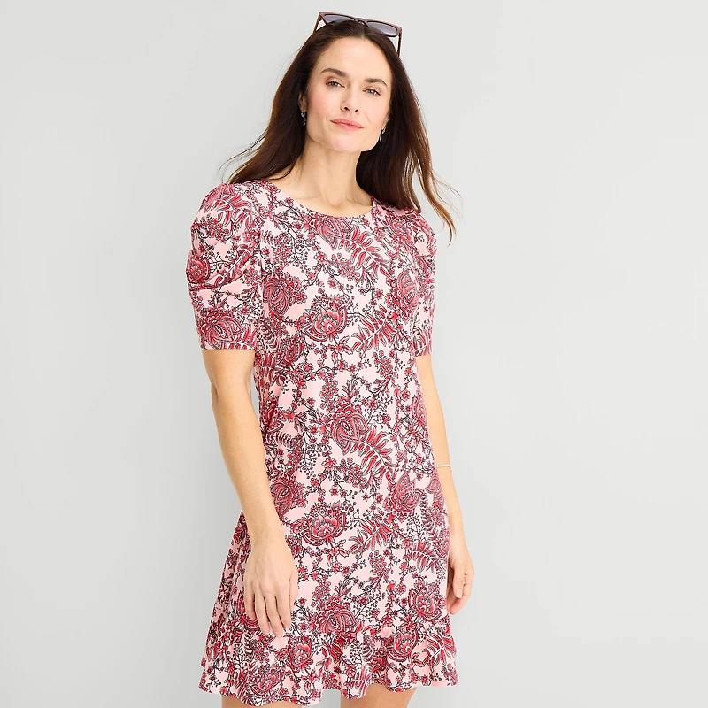 MSK Womens Round Neck Short Sleeve Puffed Paisley Fit + Flare Dress
