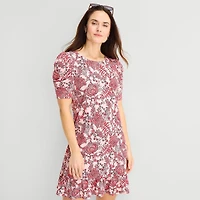 MSK Womens Round Neck Short Sleeve Puffed Paisley Fit + Flare Dress