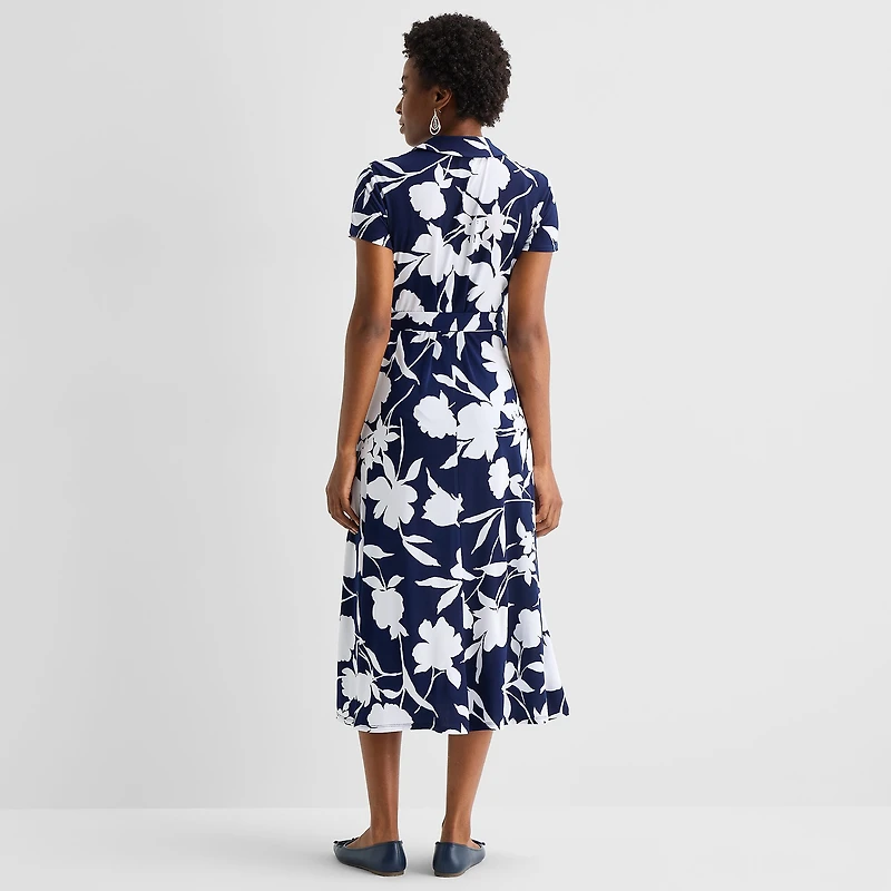 MSK Womens Midi V Neck Short Sleeve Cap Floral Fit + Flare Dress