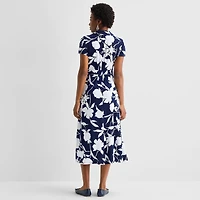 MSK Womens Midi V Neck Short Sleeve Cap Floral Fit + Flare Dress