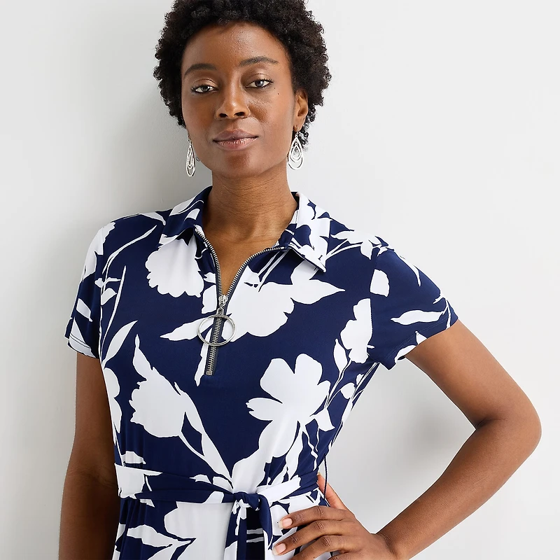 MSK Womens Midi V Neck Short Sleeve Cap Floral Fit + Flare Dress