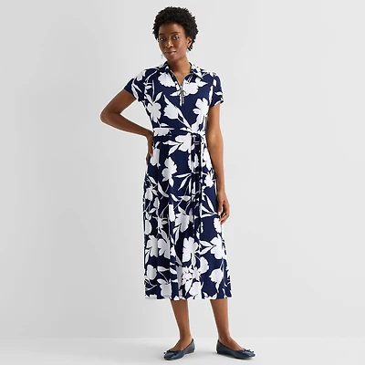 MSK Womens Midi V Neck Short Sleeve Cap Floral Fit + Flare Dress