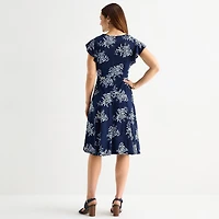Jessica Howard Womens V Neck Short Sleeve Floral Fit + Flare Dress