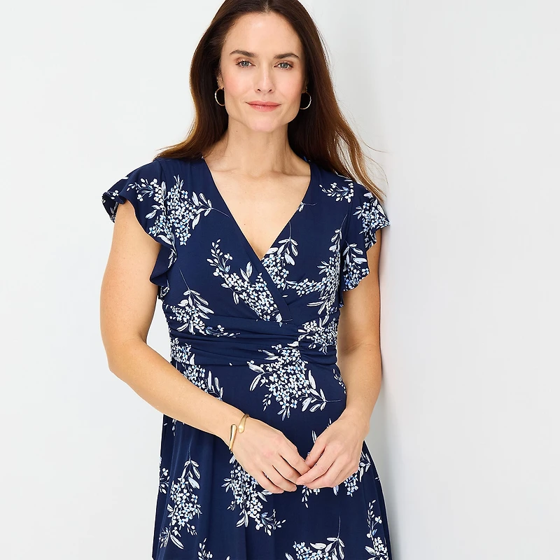 Jessica Howard Womens V Neck Short Sleeve Floral Fit + Flare Dress