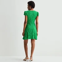 Jessica Howard Womens V Neck Short Sleeve Cap Fit + Flare Dress