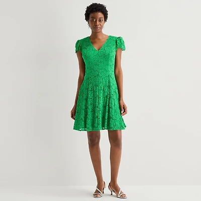 Jessica Howard Womens V Neck Short Sleeve Cap Fit + Flare Dress